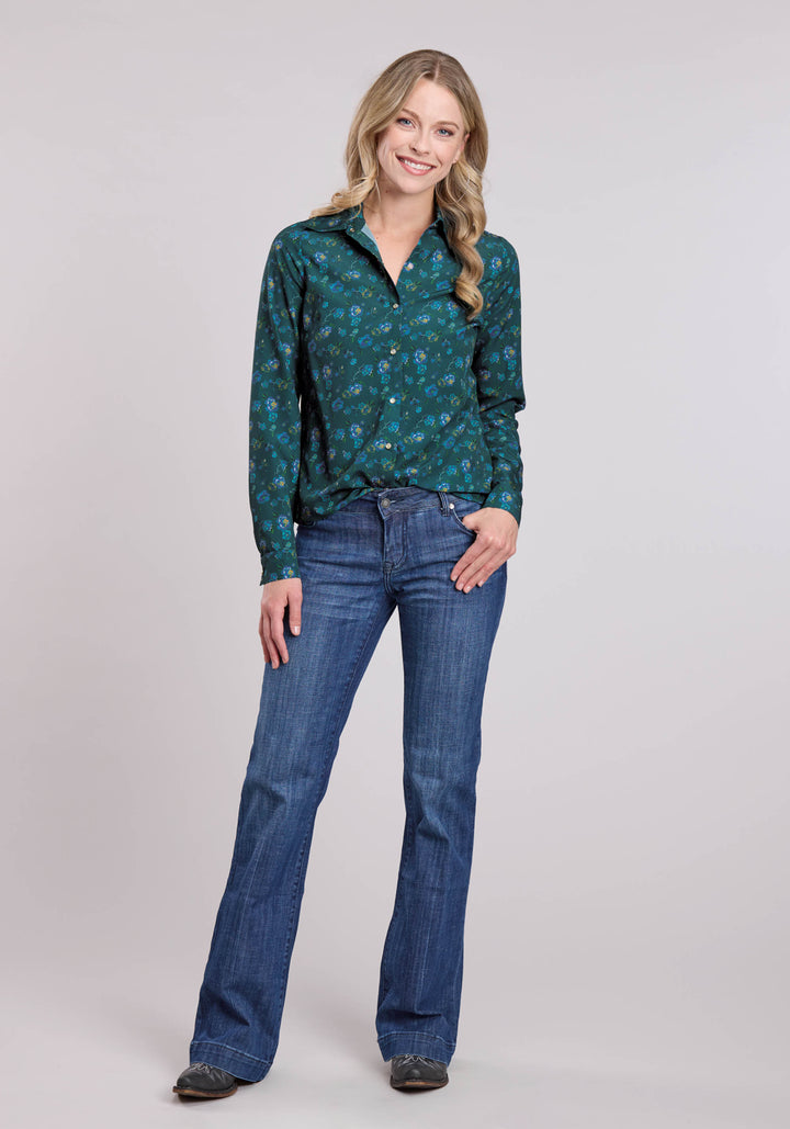 WOMENS LONG SLEEVE SNAP POLY CREPE TEAL FAUX EMBROIDERED PRINT WESTERN SHIRT