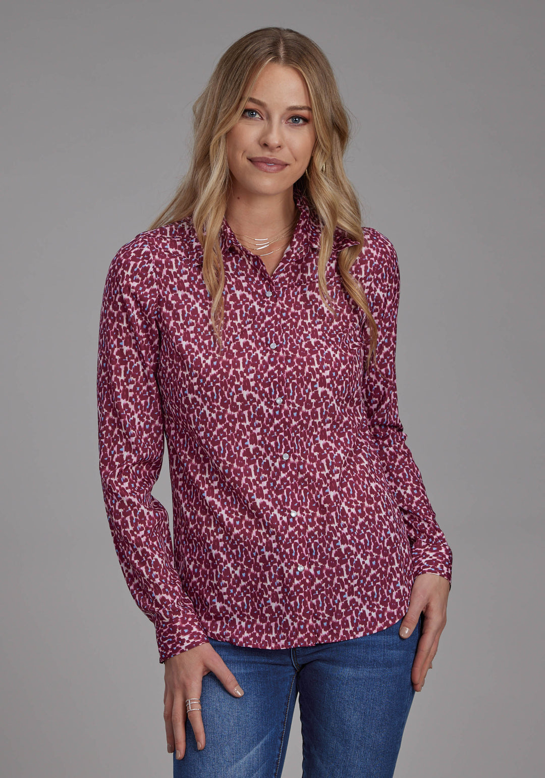 WOMENS LEOPARD PRINT POLY CREPE BLOUSE LONG SLEEVE SNAP WESTERN SHIRT