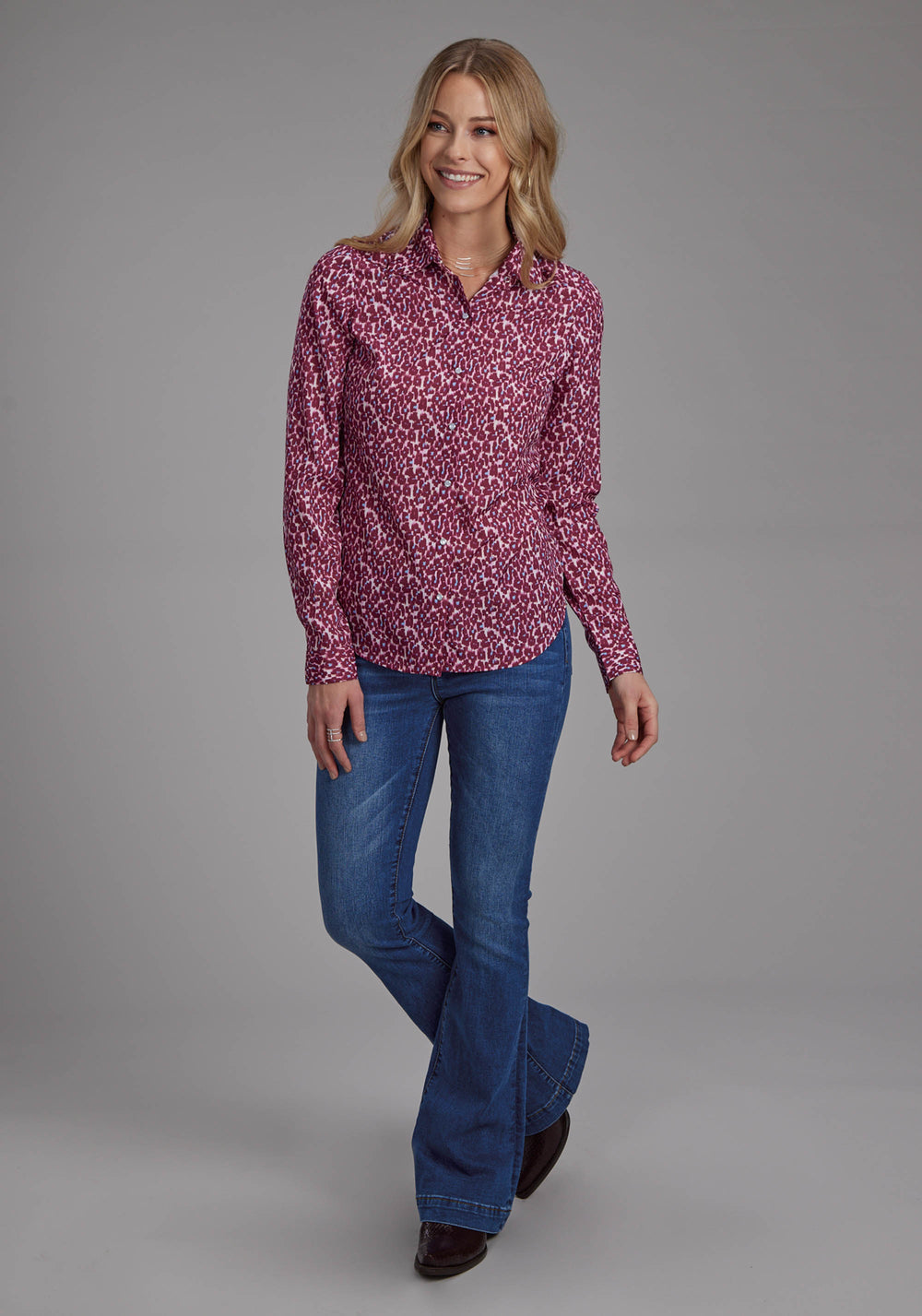 WOMENS LEOPARD PRINT POLY CREPE BLOUSE LONG SLEEVE SNAP WESTERN SHIRT