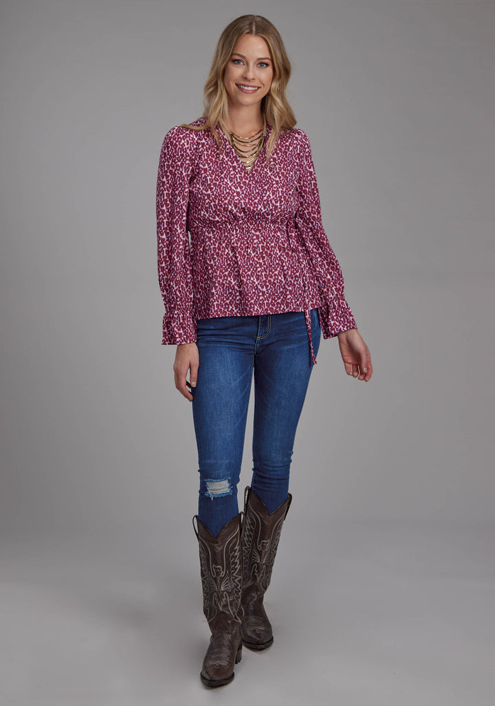 WOMENS LEOPARD PRINT POLY CREPE LONG SLEEVE PULLOVER WESTERN SHIRT
