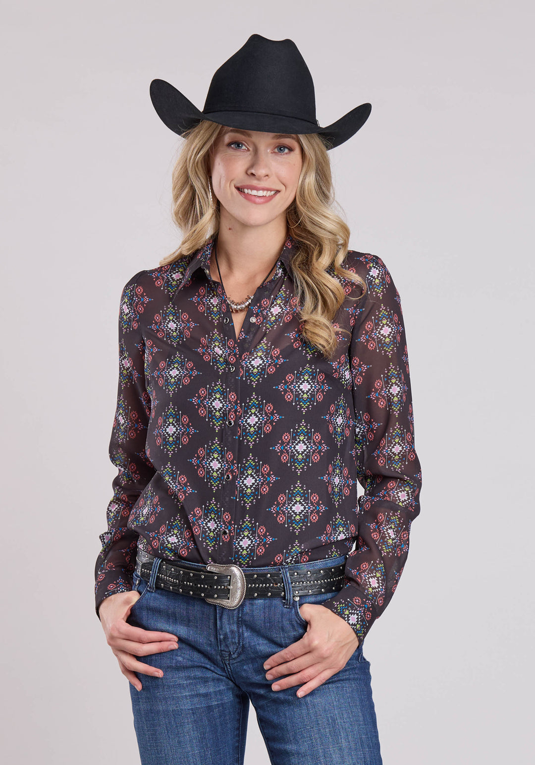 WOMENS LONG SLEEVE SNAP POLY AZTEC BRIGHTS PRINT TOP WESTERN SHIRT