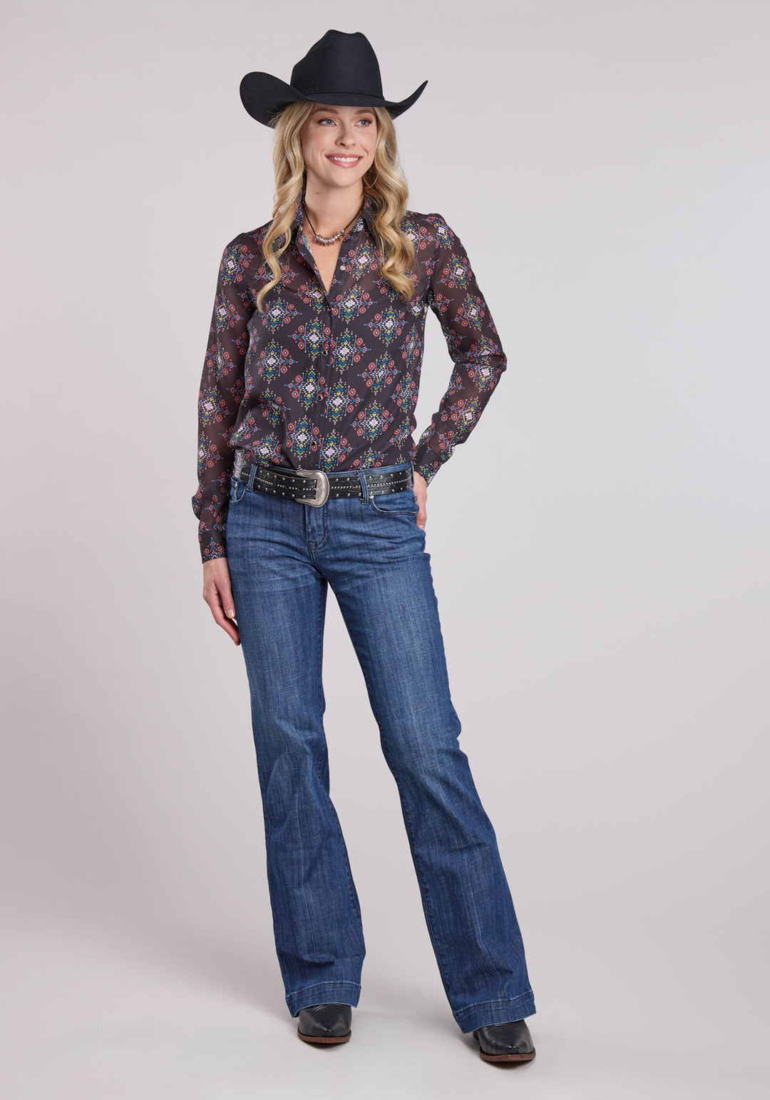 WOMENS LONG SLEEVE SNAP POLY AZTEC BRIGHTS PRINT TOP WESTERN SHIRT