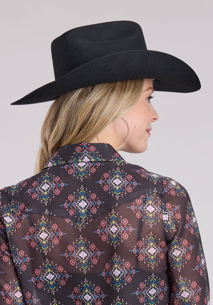 WOMENS LONG SLEEVE SNAP POLY AZTEC BRIGHTS PRINT TOP WESTERN SHIRT