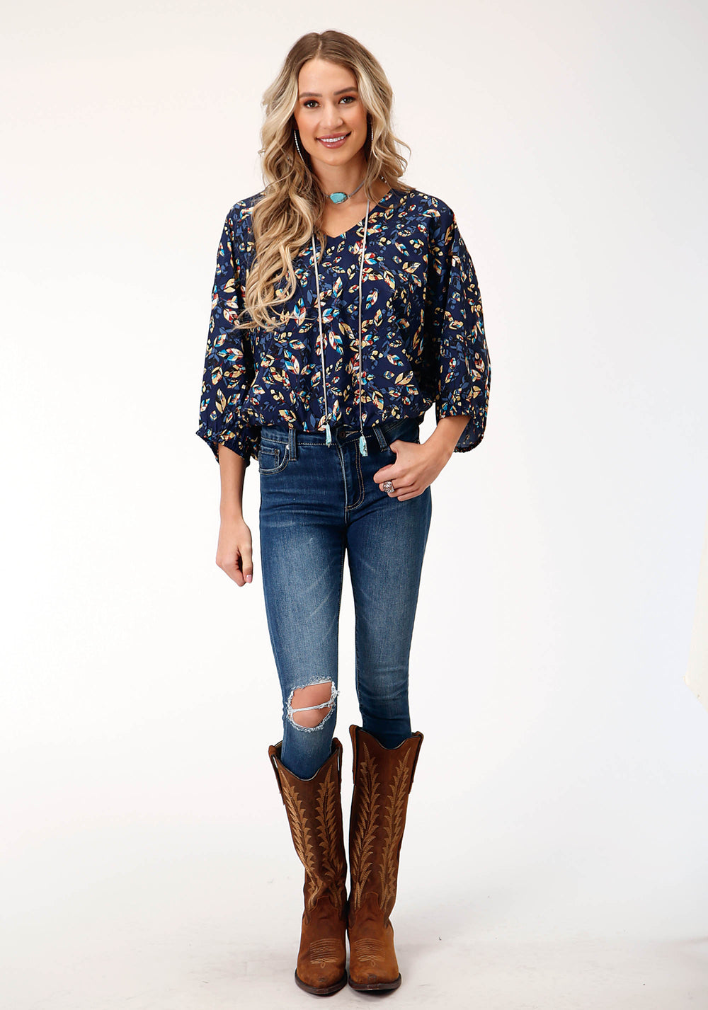 WOMENS LONG SLEEVE POLY CREPE FEATHER FOLIAGE PRINT BLOUSE