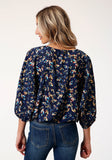 WOMENS LONG SLEEVE POLY CREPE FEATHER FOLIAGE PRINT BLOUSE