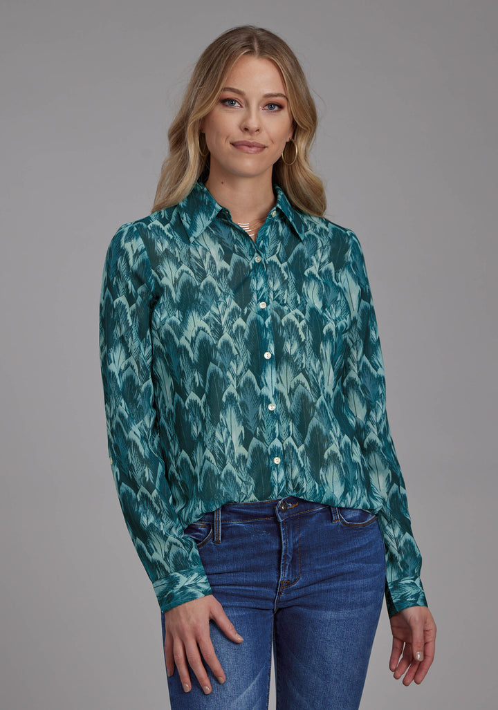 WOMENS TEAL FEATHER PRINT GEORGETTE LONG SLEEVE BUTTON WESTERN SHIRT