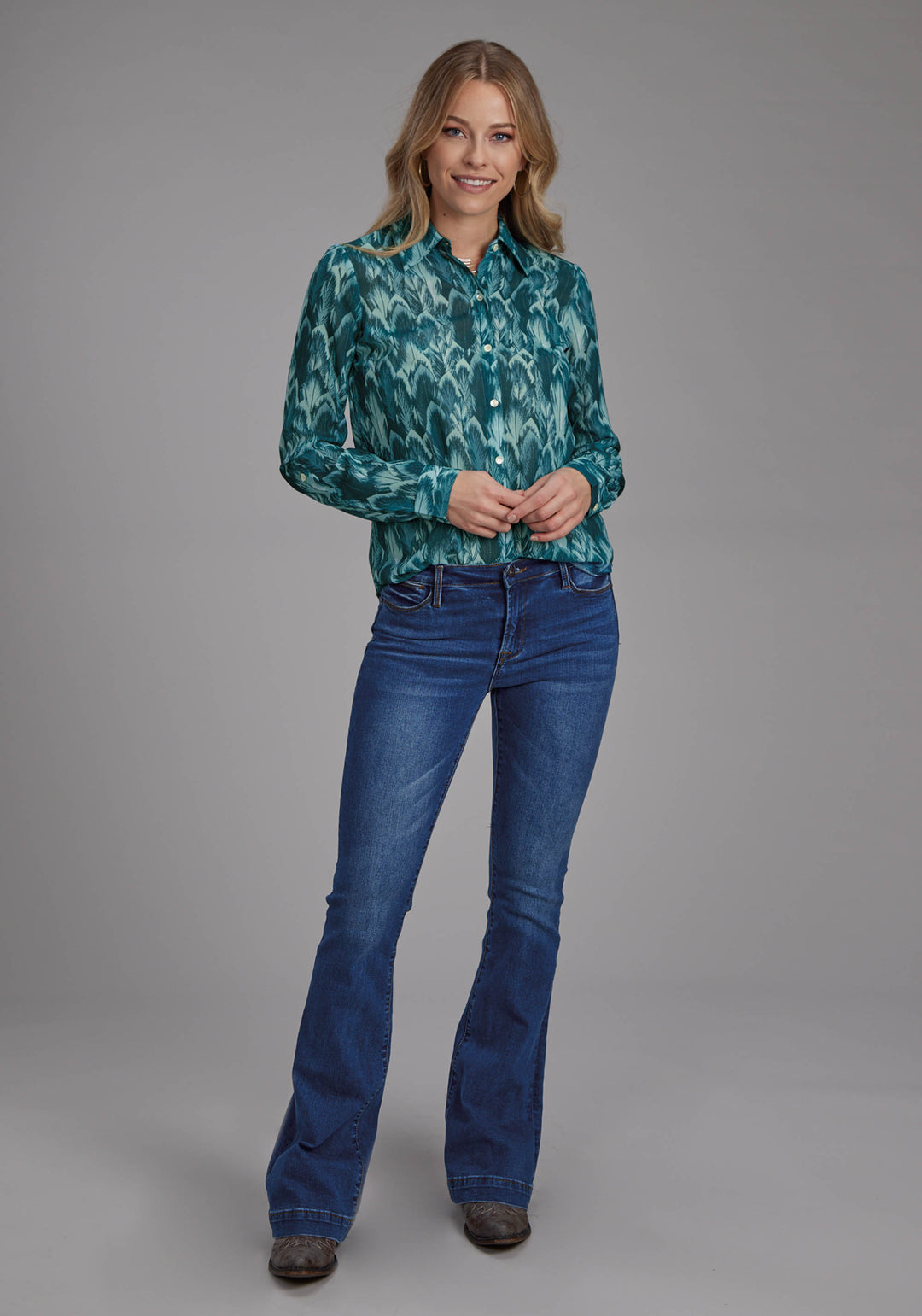 WOMENS TEAL FEATHER PRINT GEORGETTE LONG SLEEVE BUTTON WESTERN SHIRT