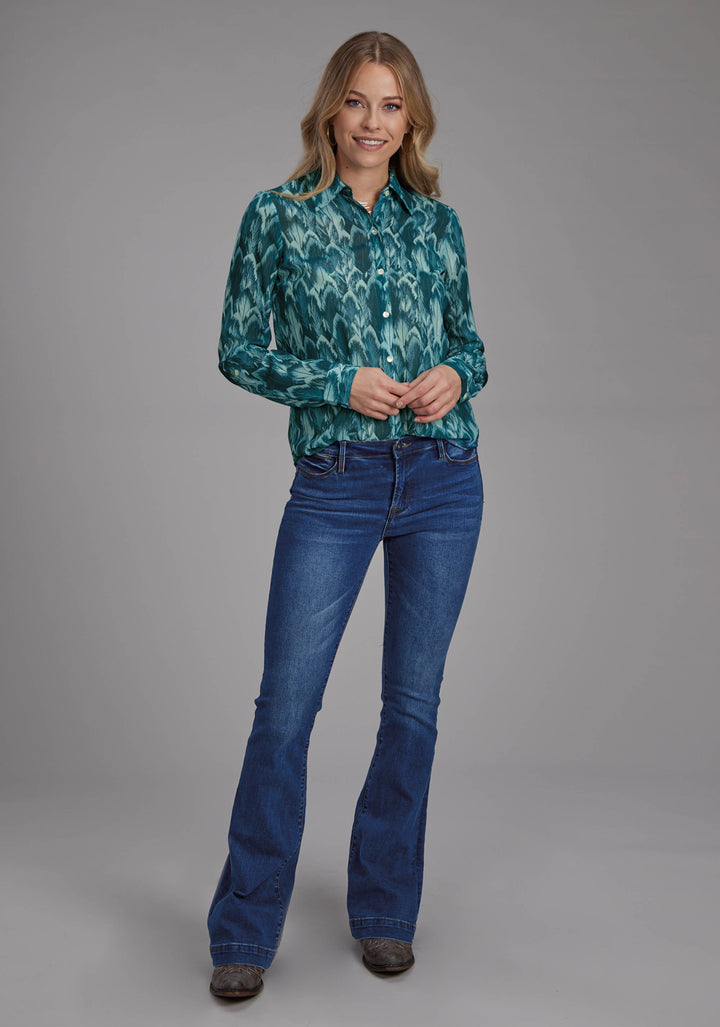 WOMENS TEAL FEATHER PRINT GEORGETTE LONG SLEEVE BUTTON WESTERN SHIRT
