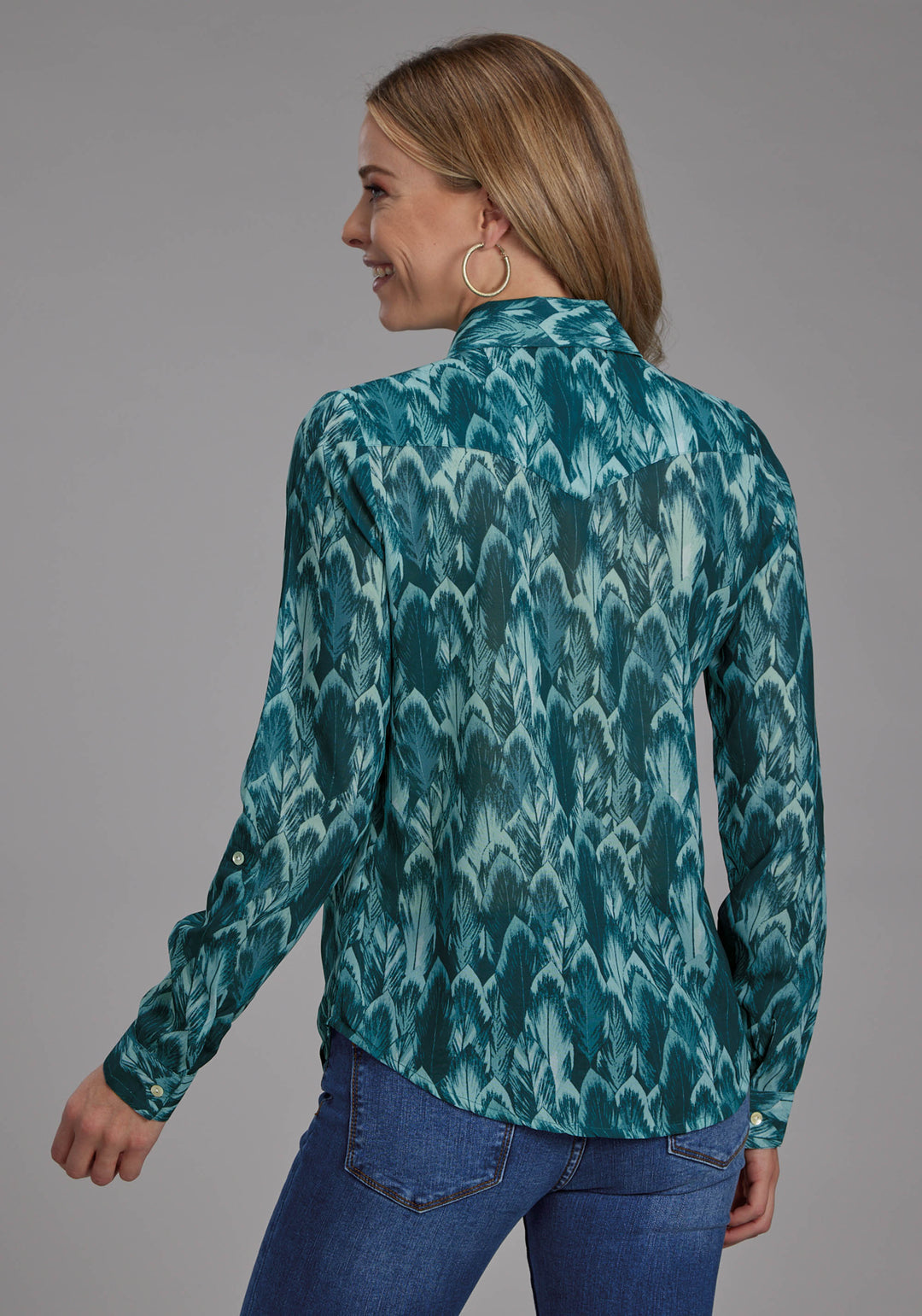 WOMENS TEAL FEATHER PRINT GEORGETTE LONG SLEEVE BUTTON WESTERN SHIRT