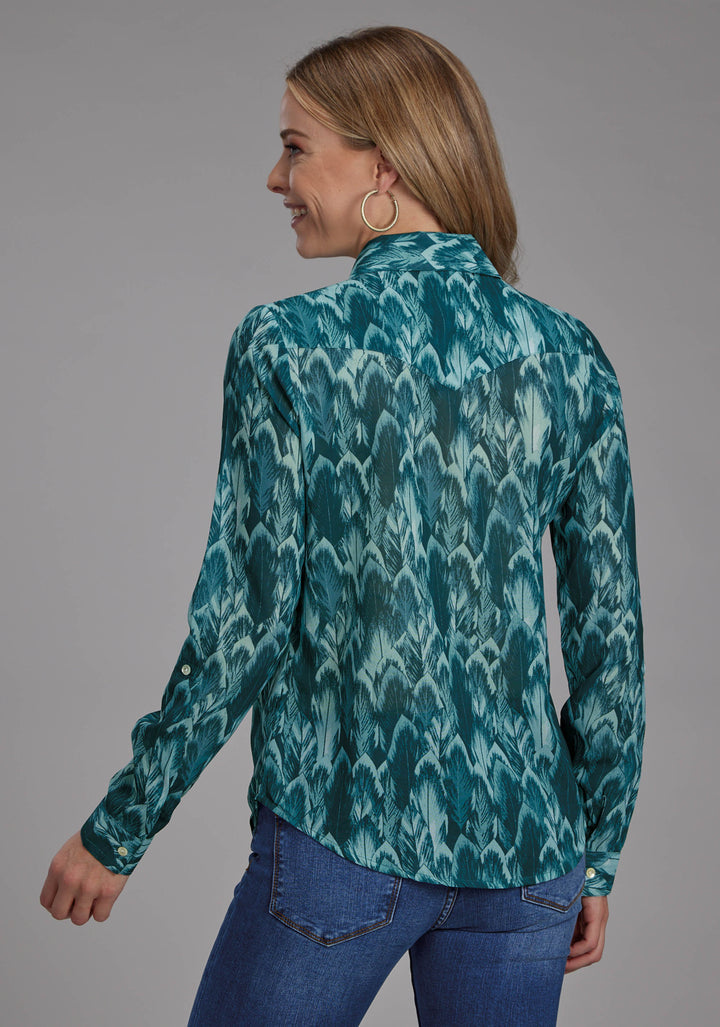 WOMENS TEAL FEATHER PRINT GEORGETTE LONG SLEEVE BUTTON WESTERN SHIRT