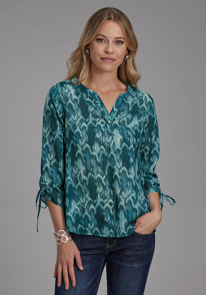 WOMENS TEAL FEATHER PRINT GEORGETTE LONG SLEEVE BUTTON WESTERN SHIRT