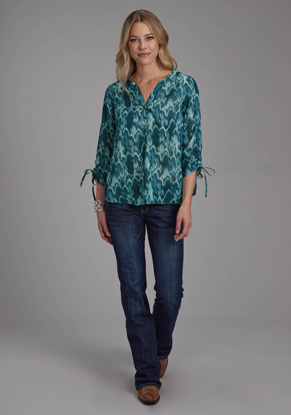 WOMENS TEAL FEATHER PRINT GEORGETTE LONG SLEEVE BUTTON WESTERN SHIRT