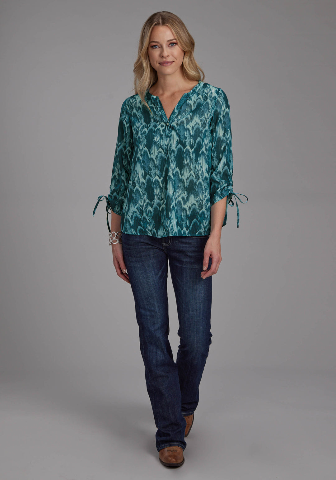 WOMENS TEAL FEATHER PRINT GEORGETTE LONG SLEEVE BUTTON WESTERN SHIRT