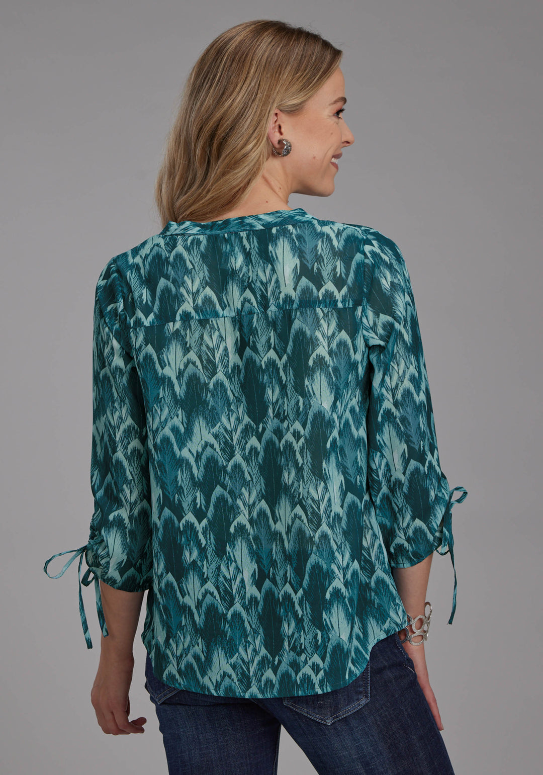 WOMENS TEAL FEATHER PRINT GEORGETTE LONG SLEEVE BUTTON WESTERN SHIRT
