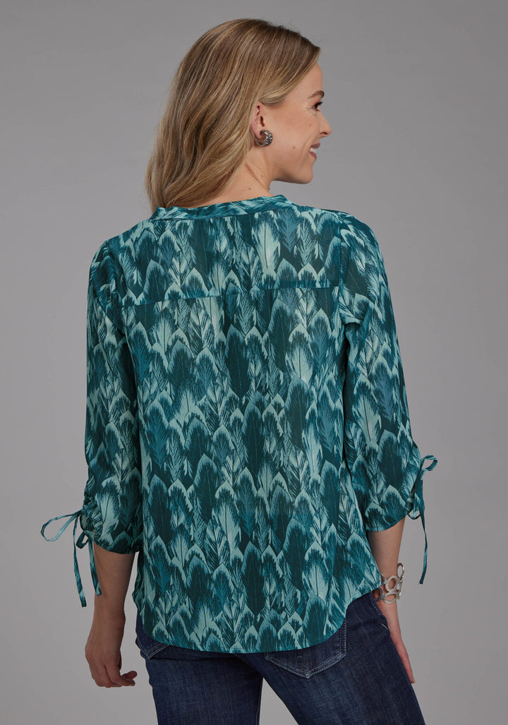 WOMENS TEAL FEATHER PRINT GEORGETTE LONG SLEEVE BUTTON WESTERN SHIRT