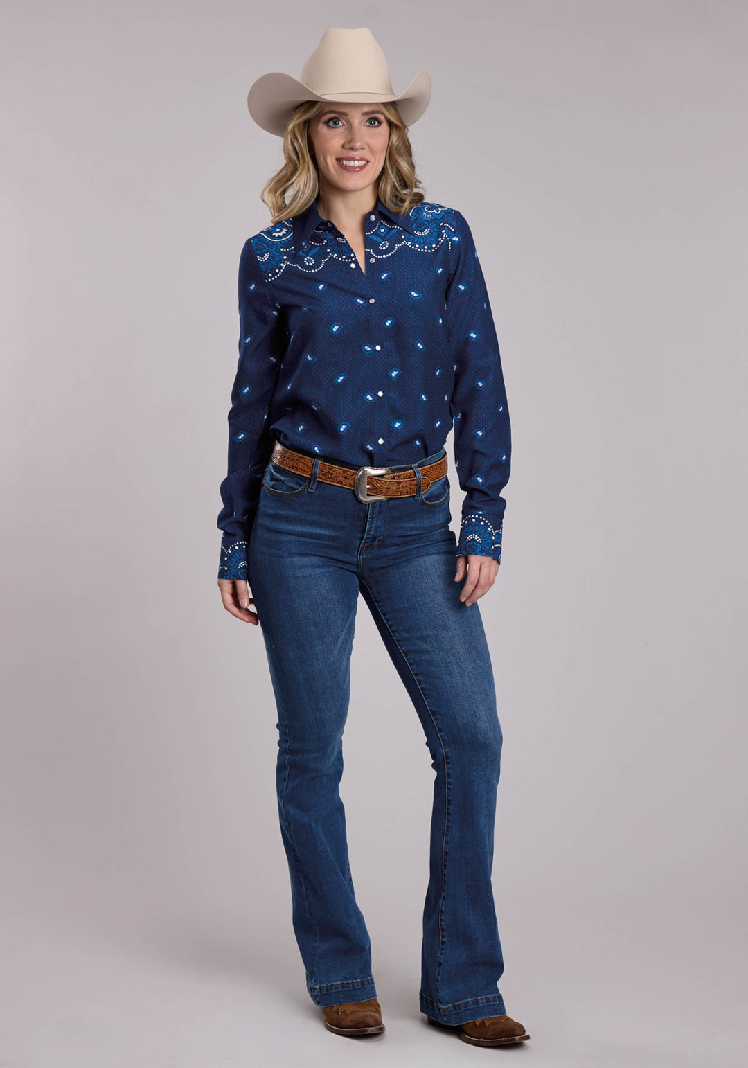 WOMENS ROPER BANDANA BORDER PRINT WESTERN SNAP SHIRT