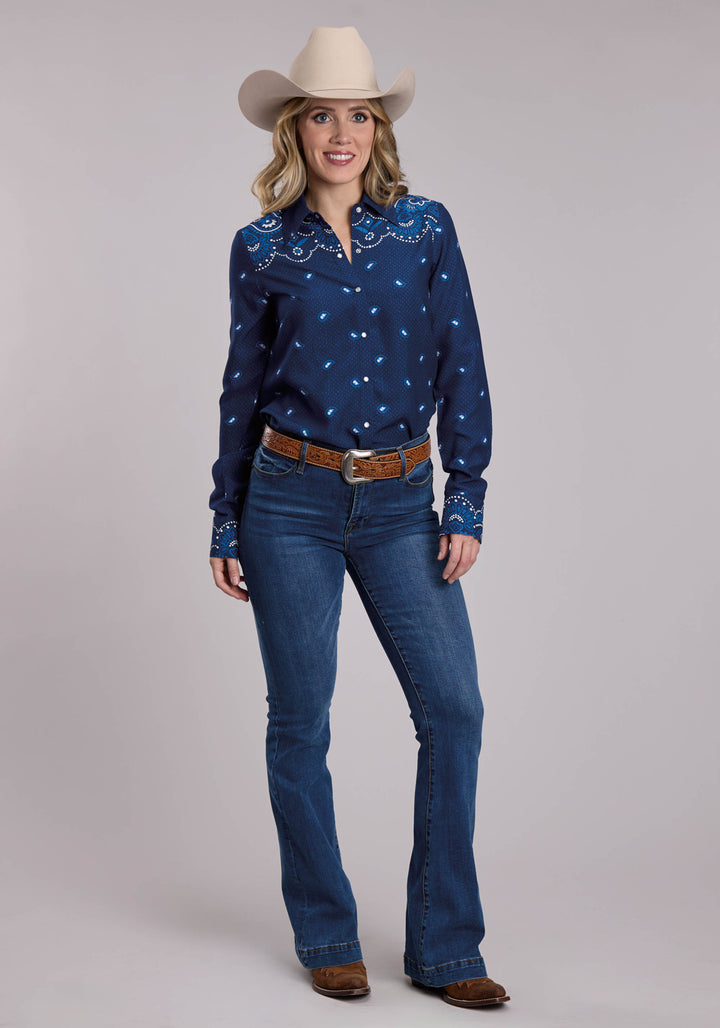 WOMENS ROPER BANDANA BORDER PRINT WESTERN SNAP SHIRT