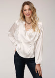 WOMENS LONG SLEEVE POLY SATIN WRAP FRONT  BLOUSE