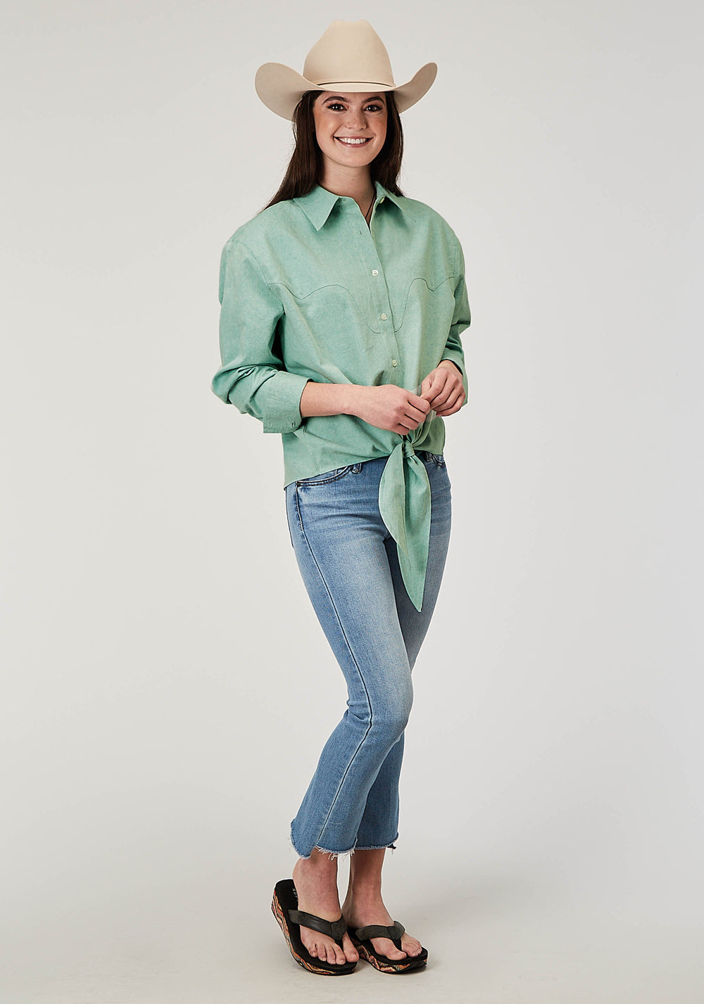 WOMENS LONG SLEEVE BUTTON LIGHT BLUE DENIM RETRO WESTERN BLOUSE RETRO FRONT AND BACK YOKES CROPPED WITH FRONT TIES