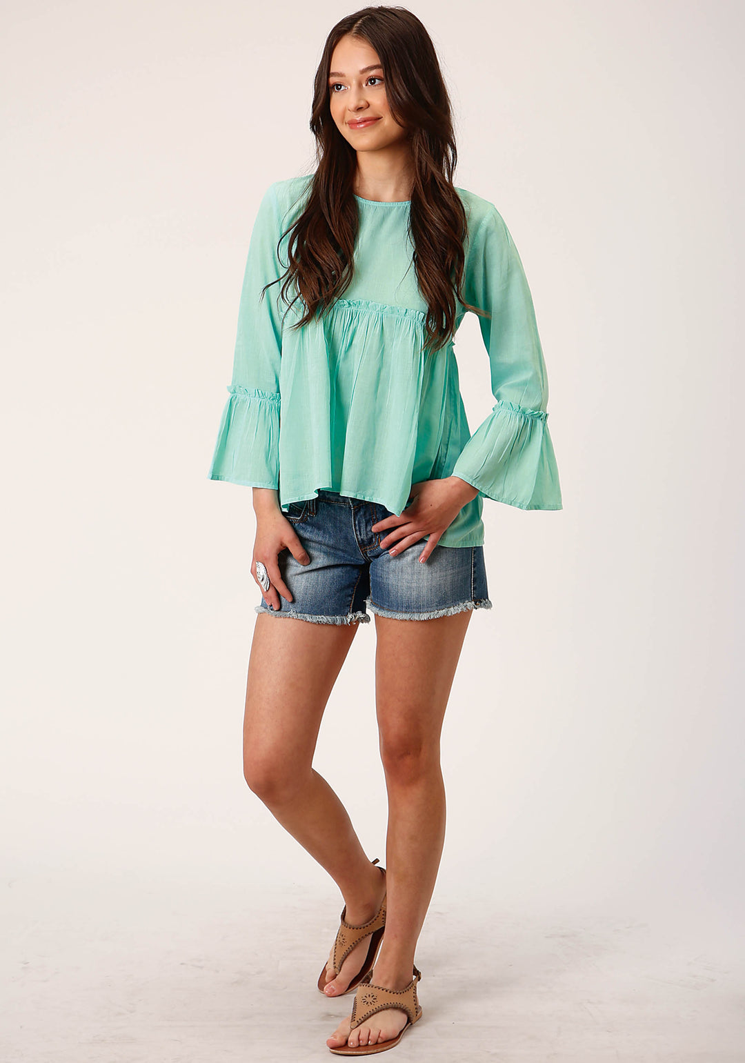 WOMENS LONG SLEEVE COTTON DIP DYE TURQUOISE  BLOUSE