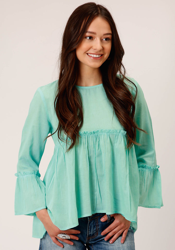 WOMENS LONG SLEEVE COTTON DIP DYE TURQUOISE  BLOUSE