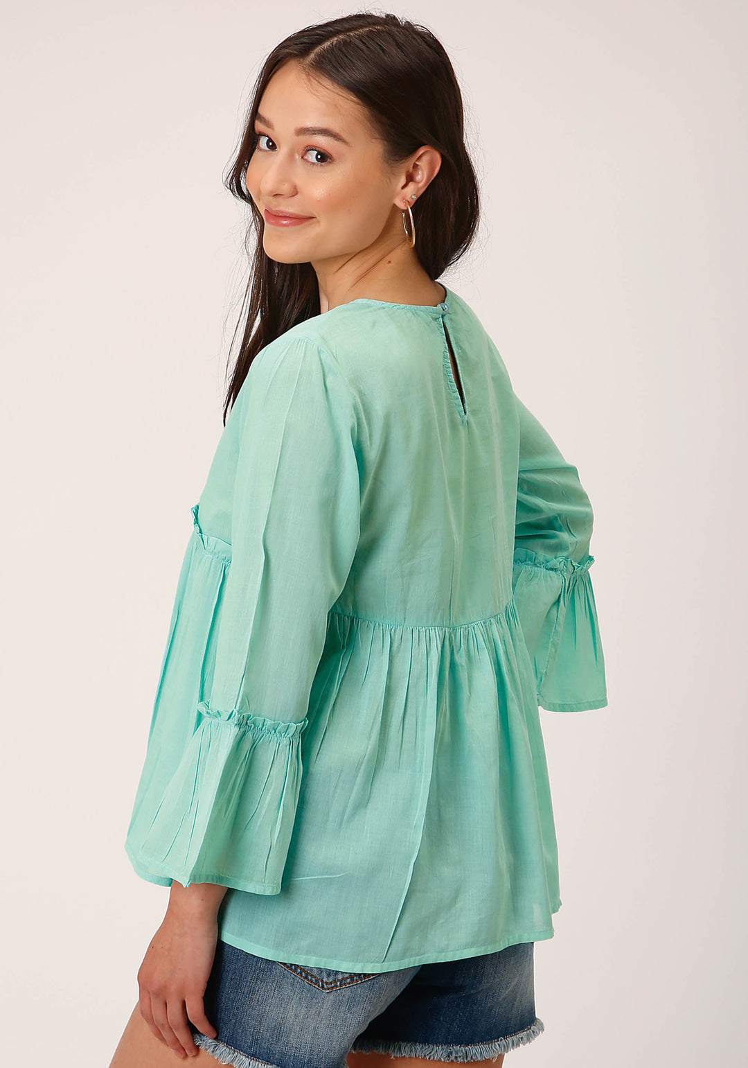 WOMENS LONG SLEEVE COTTON DIP DYE TURQUOISE  BLOUSE