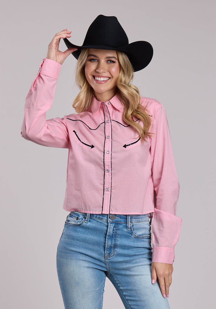 WOMENS ROPER SOLID PINK COTTON WESTERN BLOUSE