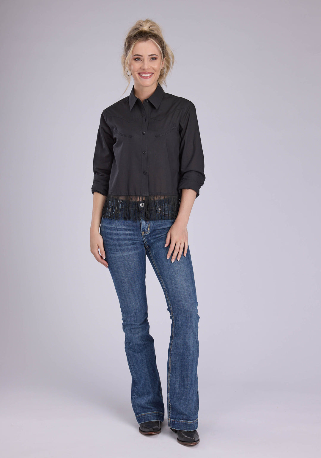 WOMENS COTTON CAMBRIC WESTERN TOP LONG SLEEVE BUTTON WESTERN SHIRT
