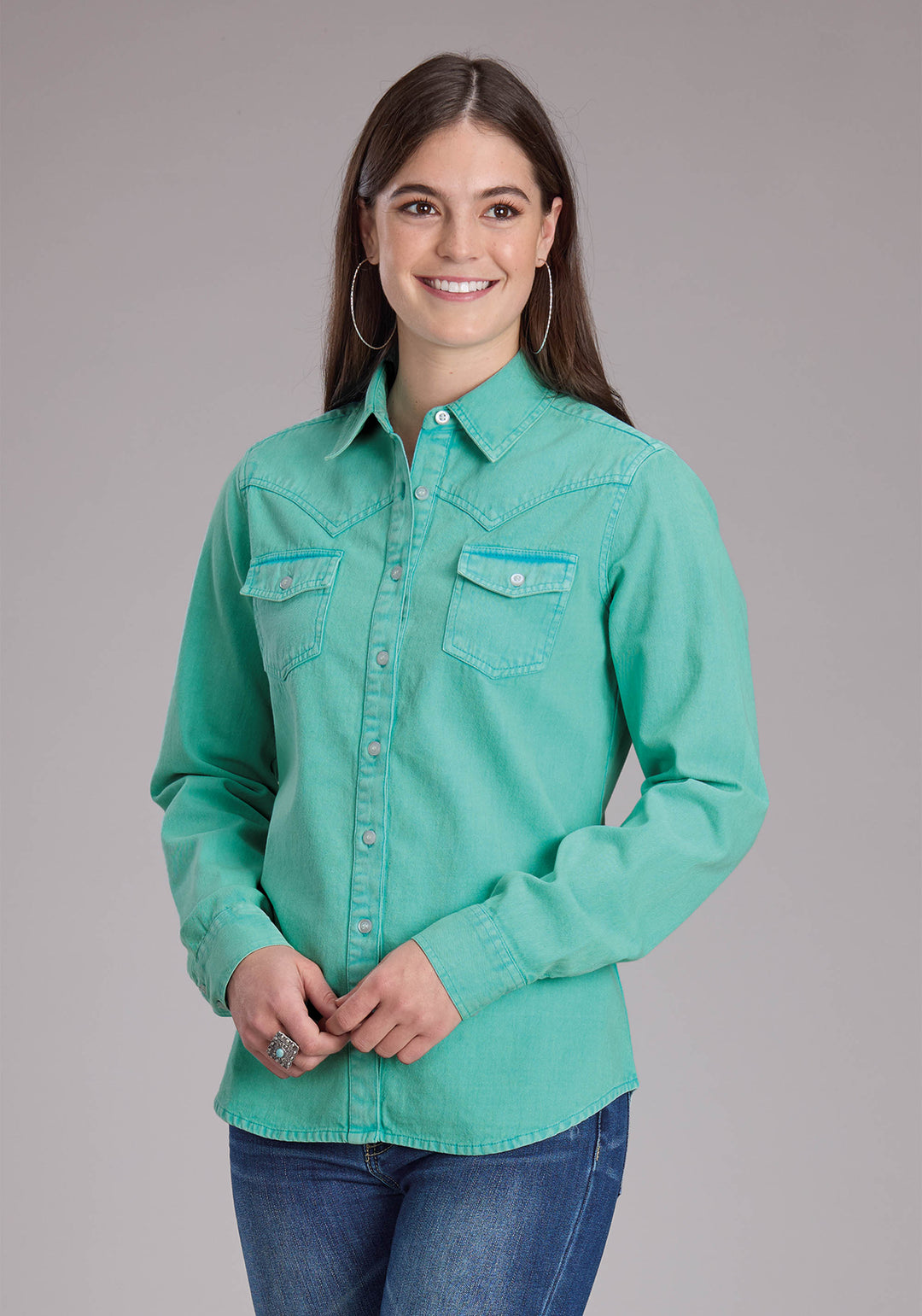 WOMENS TURQUOISE DENIM WESTERB BLOUSE LONG SLEEVE BUTTON WESTERN SHIRT