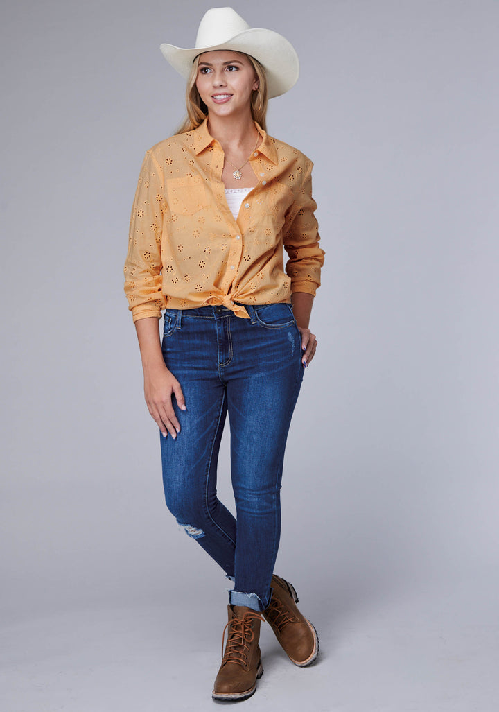 WOMENS LONG SLEEVE BUTTON EYELET WESTERN BLOUSE WESTERN SHIRT