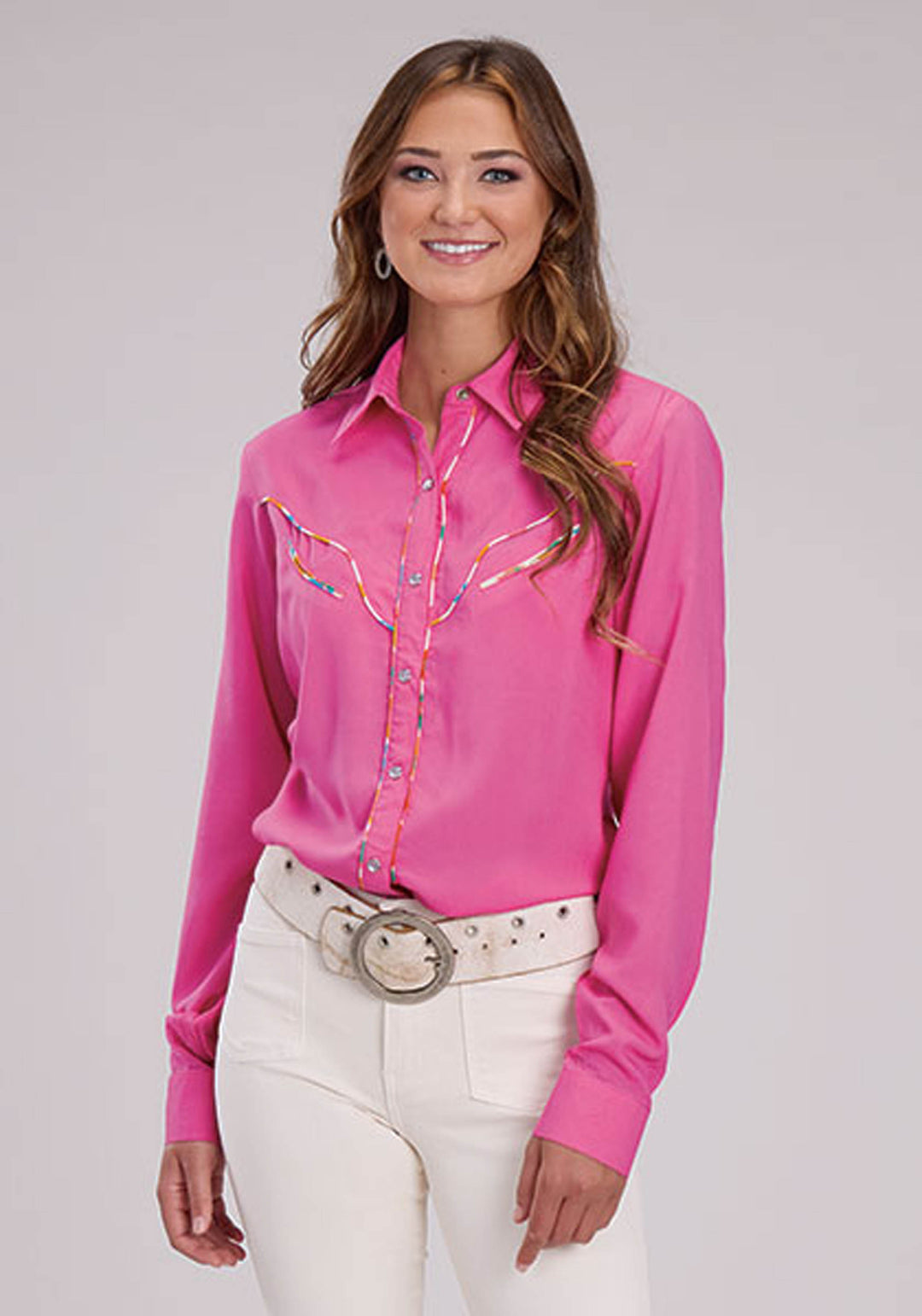 WOMENS LONG SLEEVE SNAP SOLID PINK RAYON WSTN BLOUSE WESTERN SHIRT