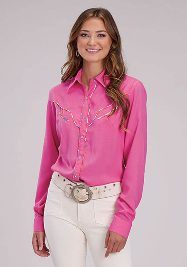 WOMENS LONG SLEEVE SNAP SOLID PINK RAYON WSTN BLOUSE WESTERN SHIRT