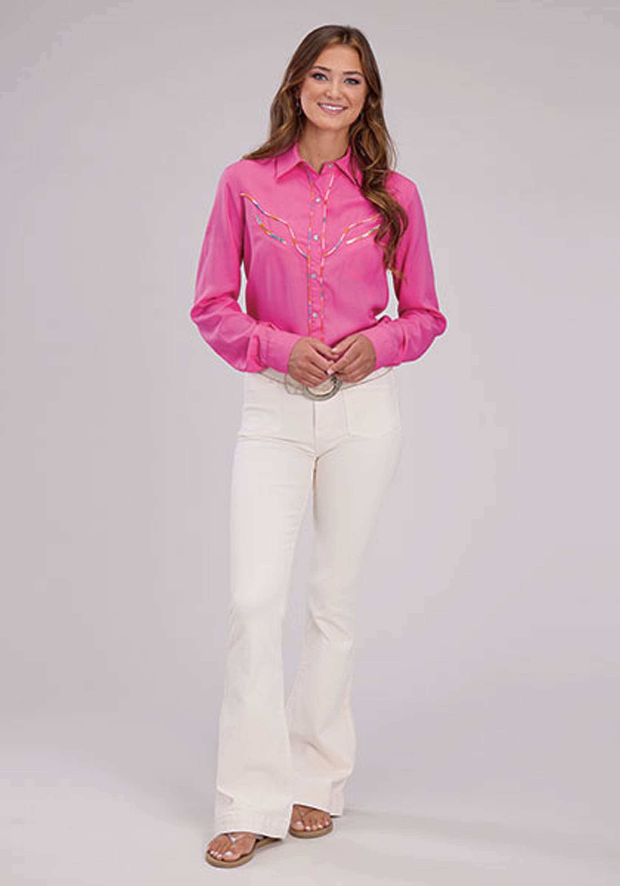 Womens Long Sleeve Snap Solid Pink Rayon Wstn Blouse Western Shirt