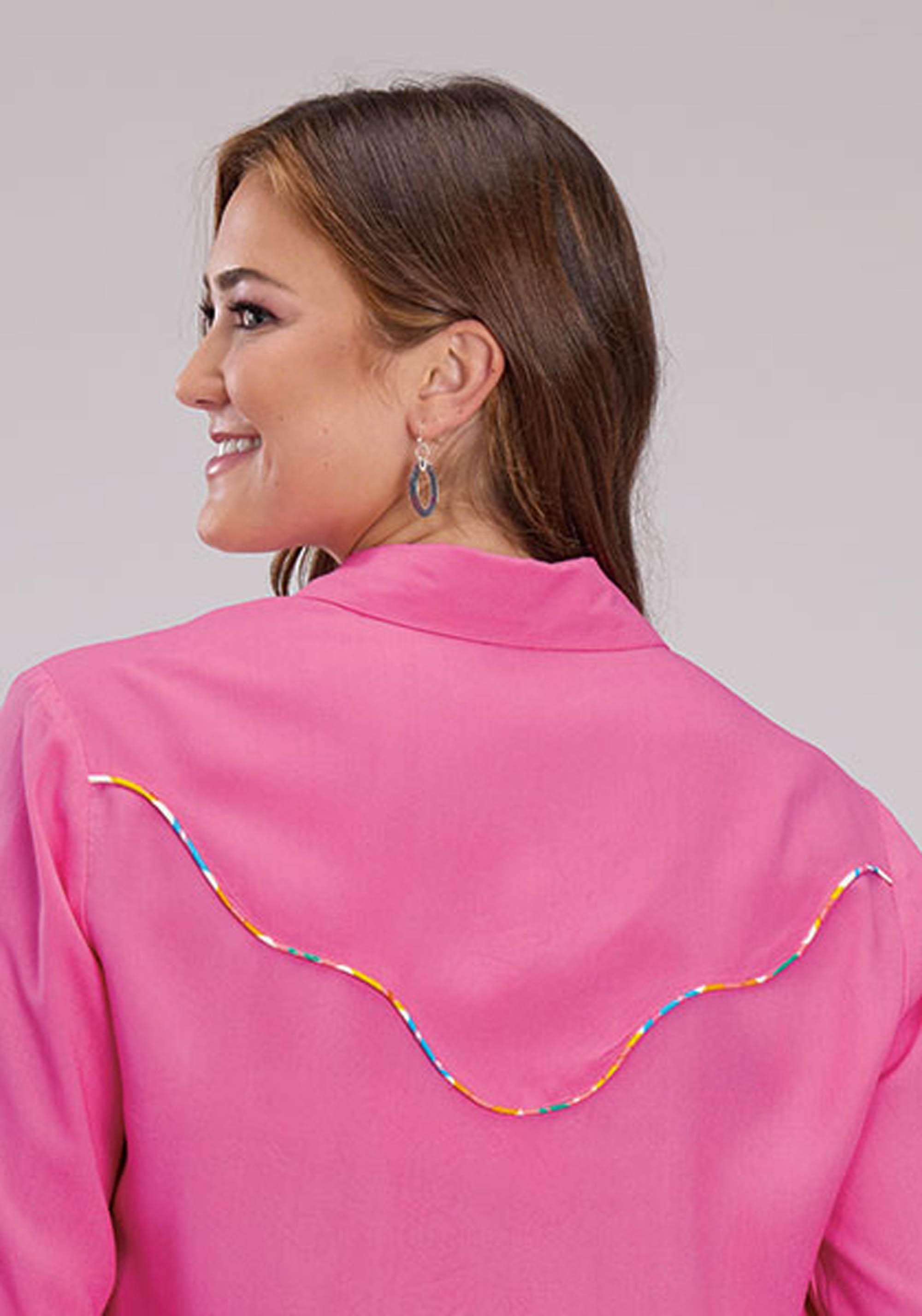 Womens Long Sleeve Snap Solid Pink Rayon Wstn Blouse Western Shirt