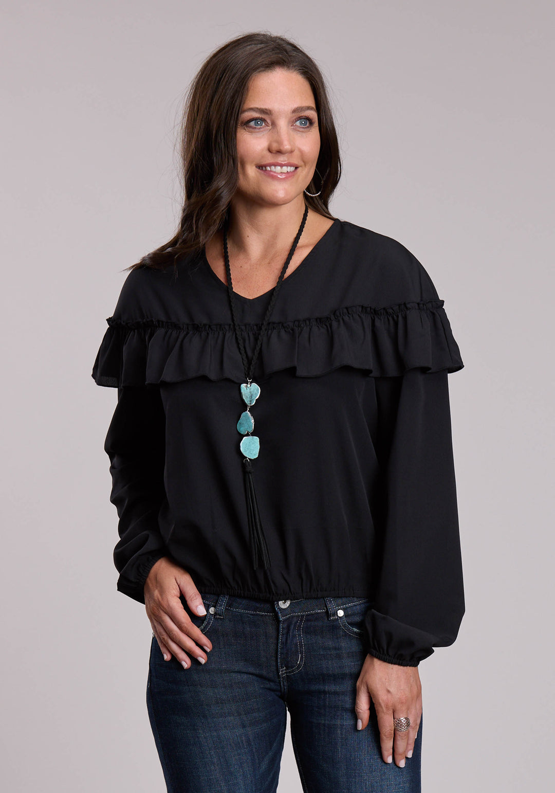 WOMENS ROPER BLACK VNECK WESTERN BLOUSE