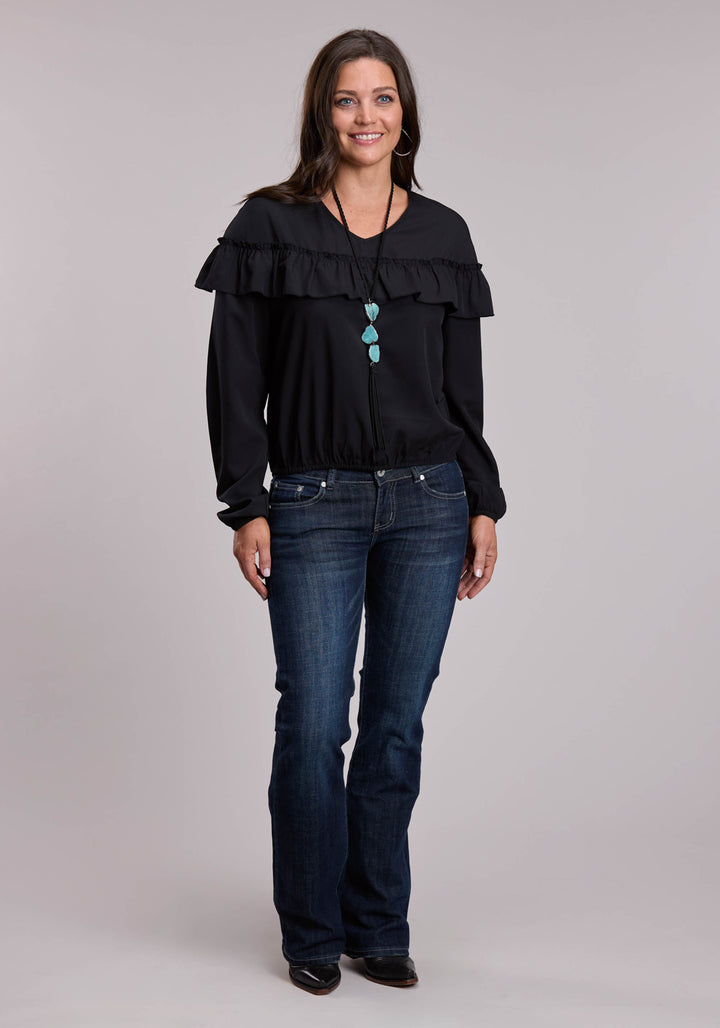 WOMENS ROPER BLACK VNECK WESTERN BLOUSE