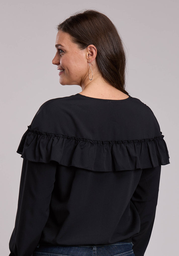 WOMENS ROPER BLACK VNECK WESTERN BLOUSE
