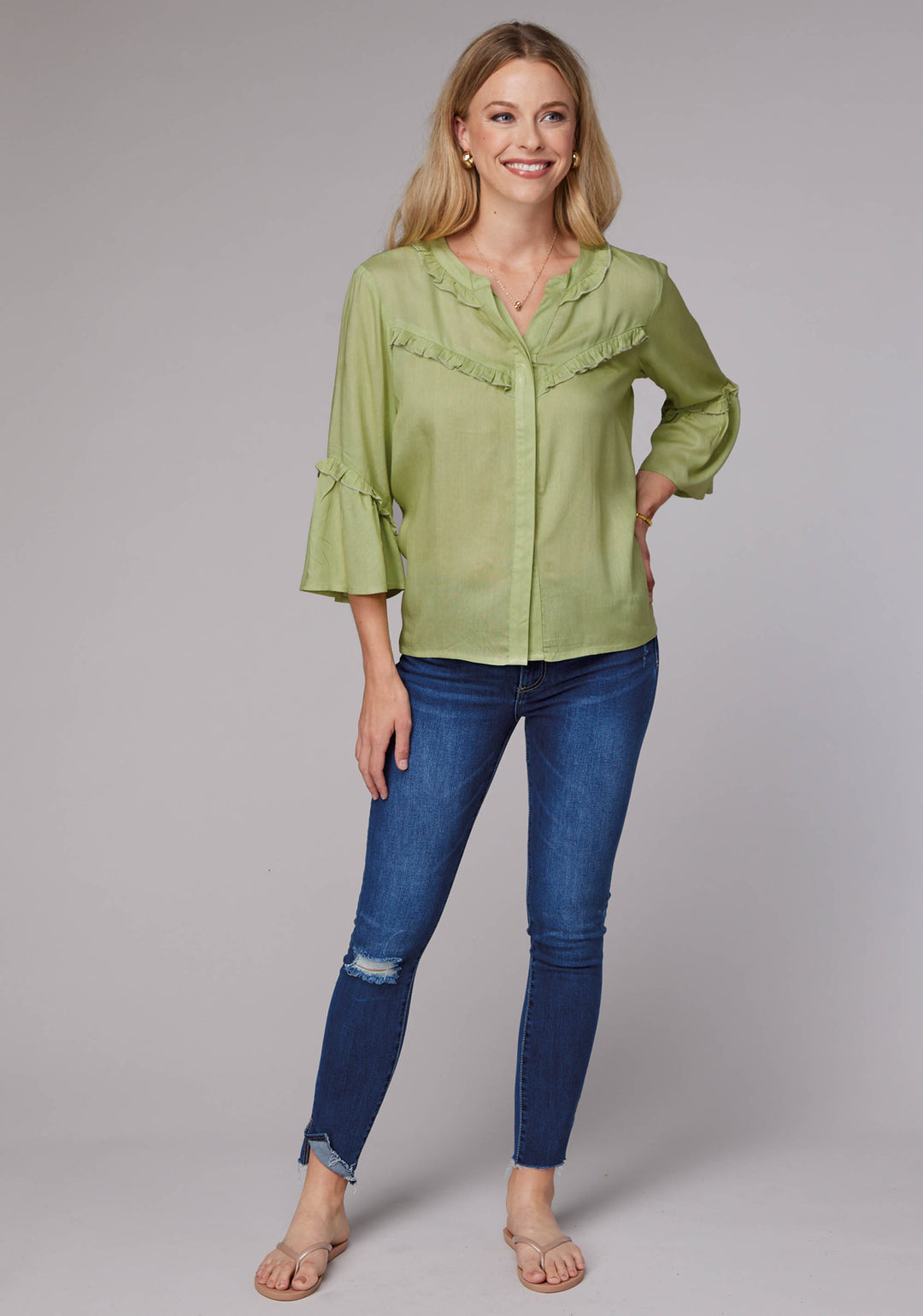 WOMENS LONG SLEEVE BUTTON LIME GREEN RAYON CHALLIS WESTERN BLOUSE WITH RUFFLE DETAIL ELBOW LENGTH BELL SLEEVE
