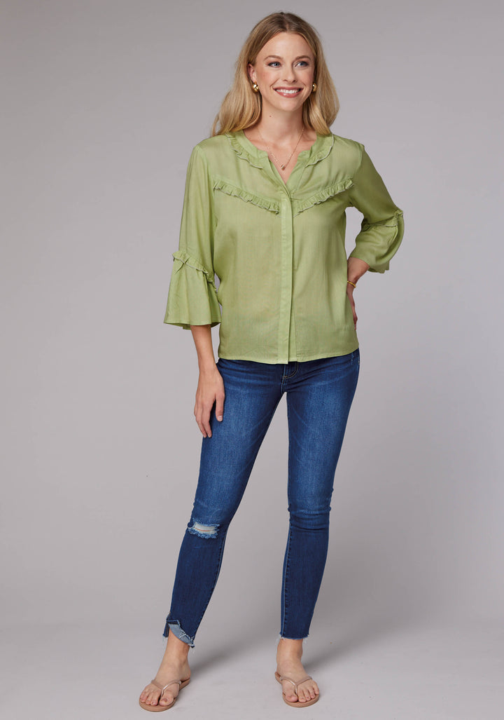 WOMENS LONG SLEEVE BUTTON LIME GREEN RAYON CHALLIS WESTERN BLOUSE WITH RUFFLE DETAIL ELBOW LENGTH BELL SLEEVE