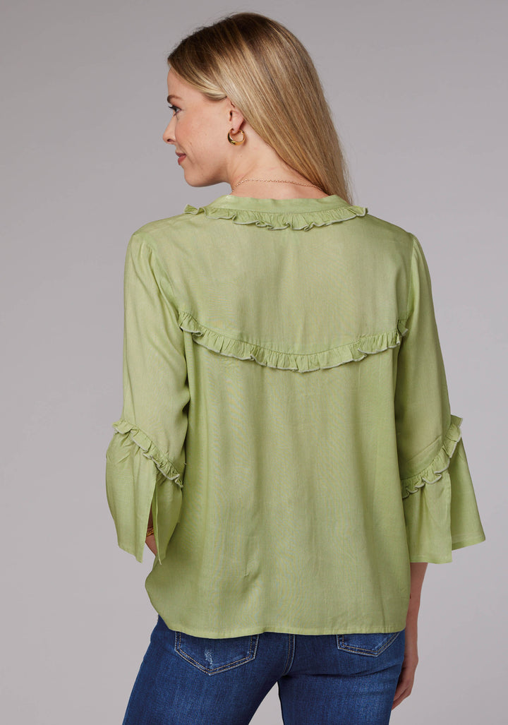 WOMENS LONG SLEEVE BUTTON LIME GREEN RAYON CHALLIS WESTERN BLOUSE WITH RUFFLE DETAIL ELBOW LENGTH BELL SLEEVE