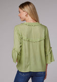 WOMENS LONG SLEEVE BUTTON LIME GREEN RAYON CHALLIS WESTERN BLOUSE WITH RUFFLE DETAIL ELBOW LENGTH BELL SLEEVE