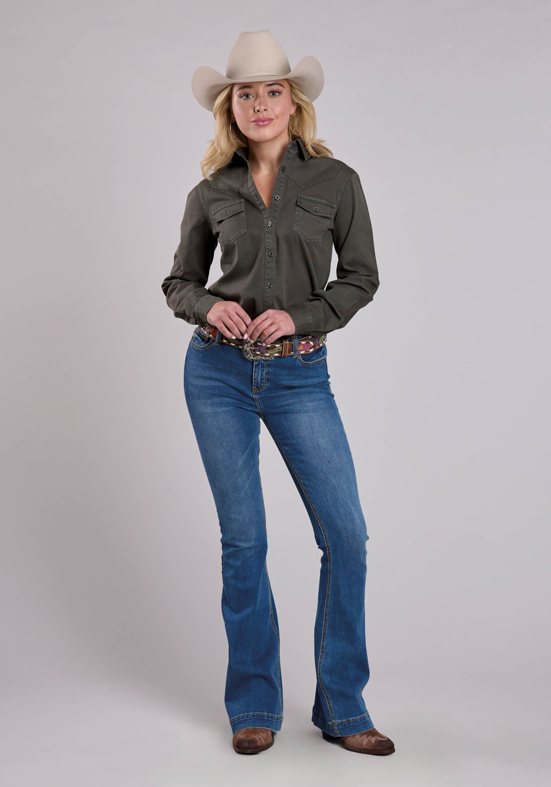 WOMENS LONG SLEEVE BUTTON PIGMENT DYED WESTERN SHIRT