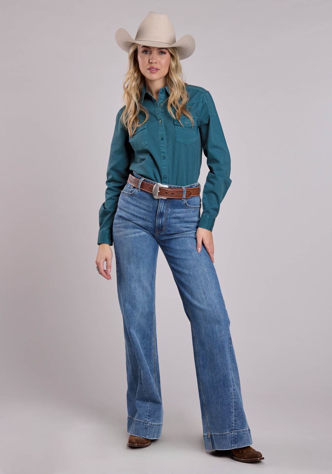 WOMENS LONG SLEEVE BUTTON TURQUOISE PIGMENT DYED SHIRT WESTERN SHIRT