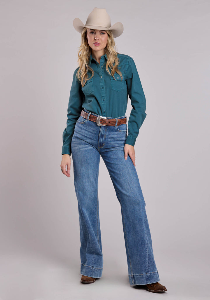 WOMENS LONG SLEEVE BUTTON TURQUOISE PIGMENT DYED SHIRT WESTERN SHIRT