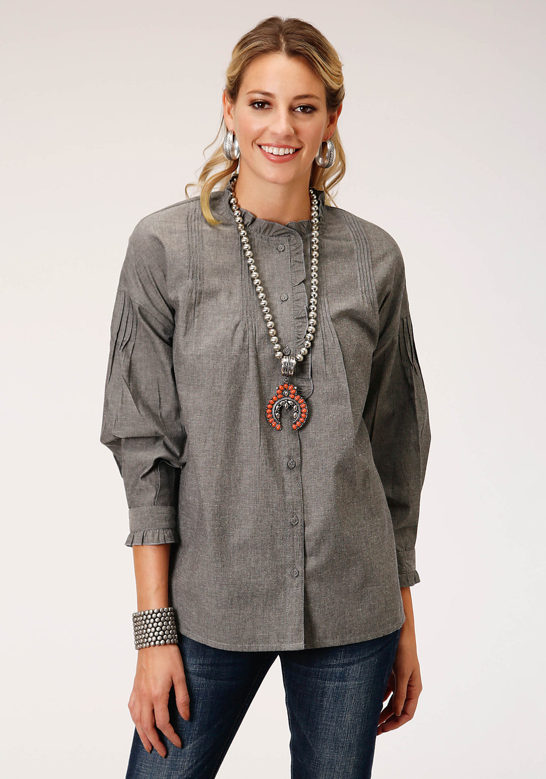 WOMENS LONG SLEEVE COTTON MELANGE Y D BTN FRT  BLOUSE