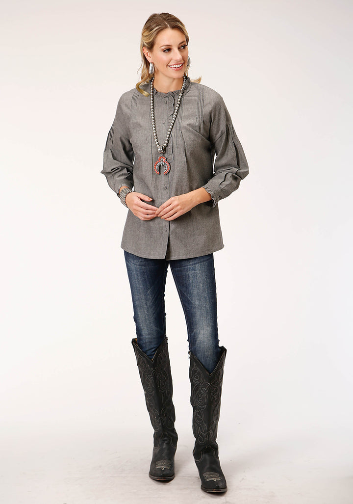 WOMENS LONG SLEEVE COTTON MELANGE Y D BTN FRT  BLOUSE