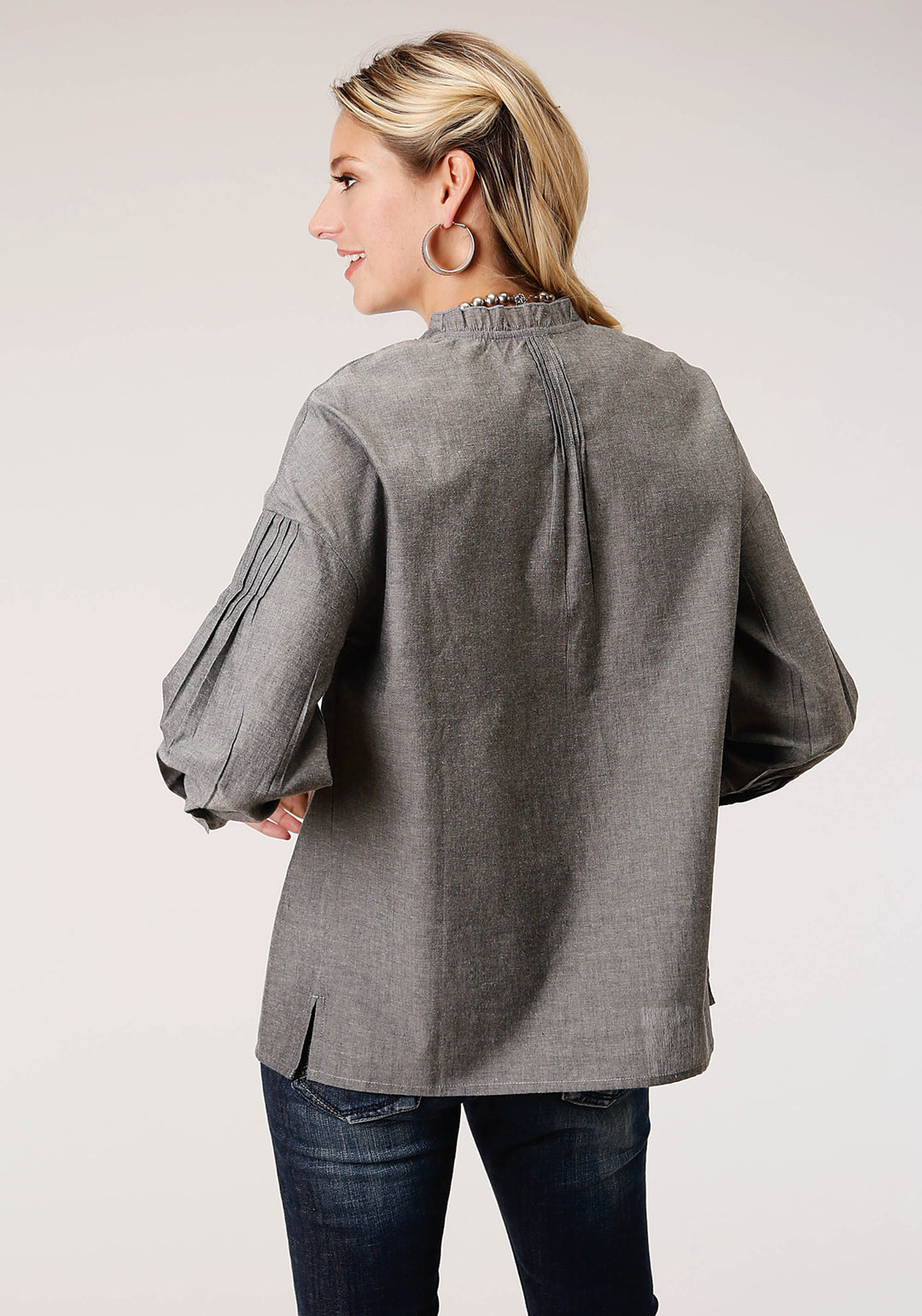 WOMENS LONG SLEEVE COTTON MELANGE Y D BTN FRT  BLOUSE