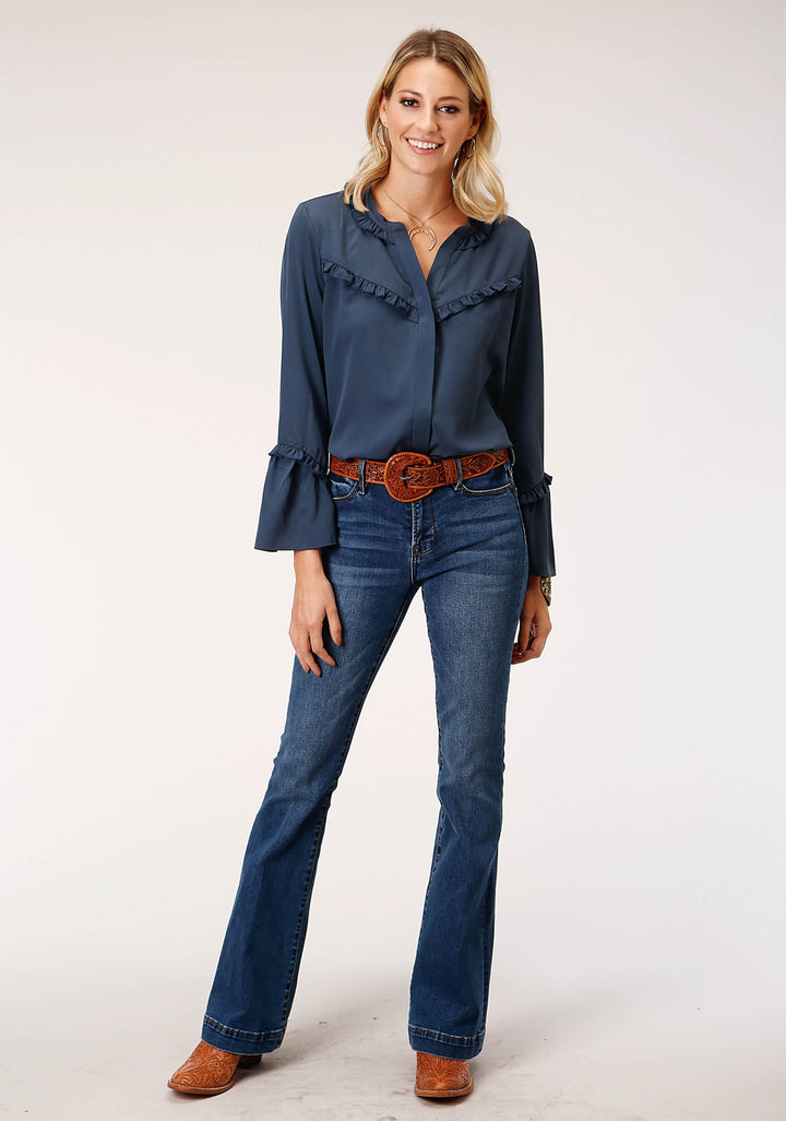 WOMENS LONG SLEEVE NAVY POLY AMERICAN CREPE  BLOUSE
