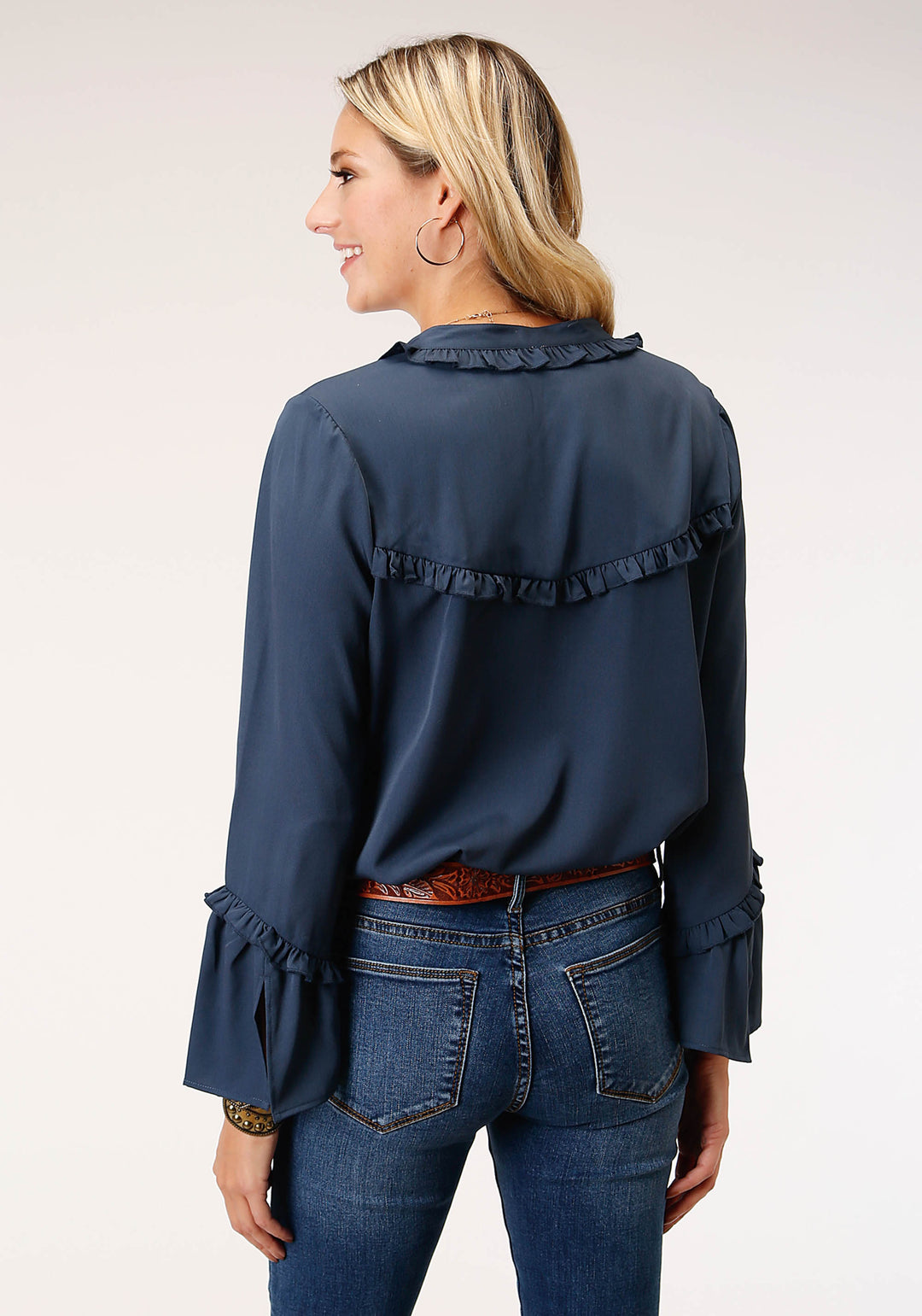 WOMENS LONG SLEEVE NAVY POLY AMERICAN CREPE  BLOUSE