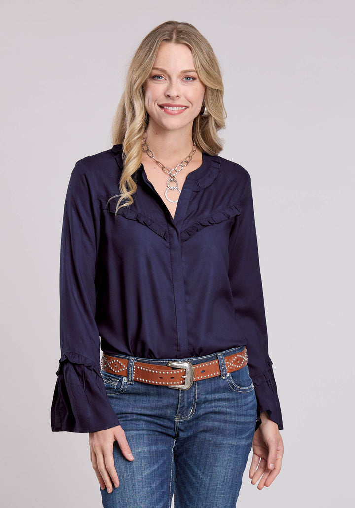 WOMENS LONG SLEEVE BUTTON NAVY SOLID RAYON PEASANT BLOUSE WESTERN SHIRT